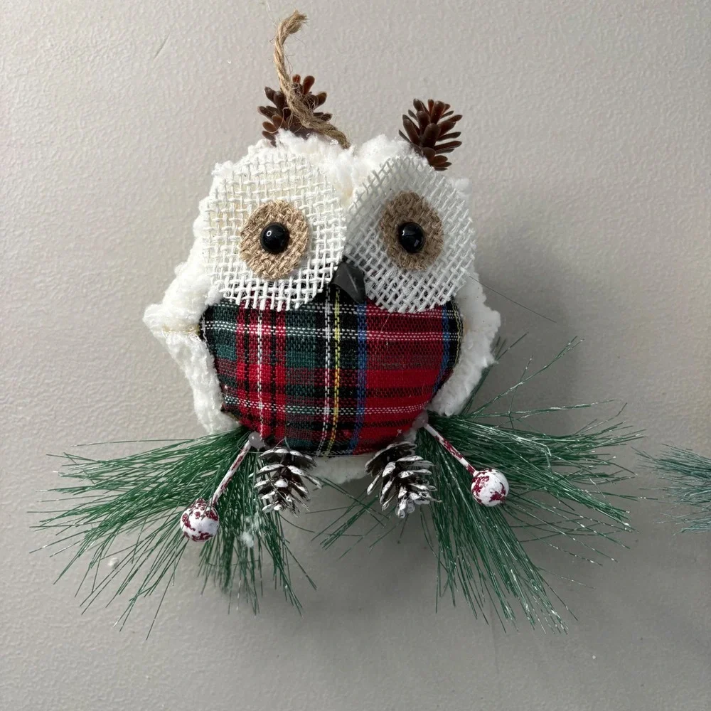 Set of 2 Christmas Owl Ornaments Plaid Sherpa Rustic Woodland Holiday Decor